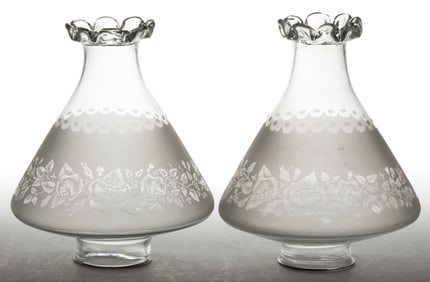 ACID-ETCHED ROSE PATTERNED CHRISTMAS-TREE KEROSENE LAMP SHADES, PAIR