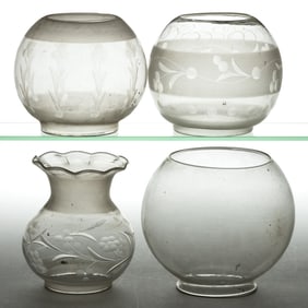 ASSORTED CUT, ENGRAVED AND OTHER KEROSENE LAMP SHADES, LOT OF FOUR