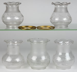 ASSORTED CUT AND ENGRAVED PATTERNED OREGON LAMP SHADES AND BRASS SHADE RINGS, LOT OF SEVEN