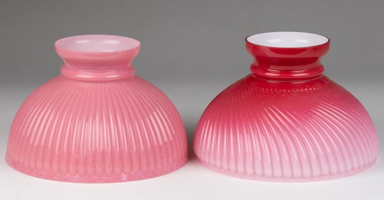 CASED GLASS NARROW RIBBED PATTERNED KEROSENE LAMP SHADES, LOT OF TWO