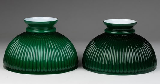 CASED EMERALD GREEN GLASS RIBBED LAMP SHADES, NEAR PAIR