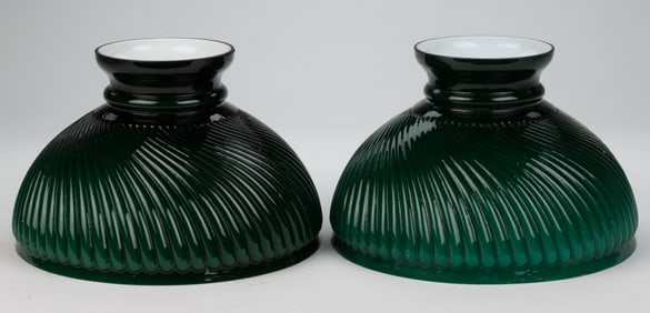 CASED EMERALD GREEN GLASS RIBBED LAMP SHADES, PAIR