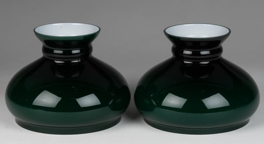 CASED EMERALD GREEN GLASS LAMP SHADES, PAIR