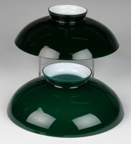 CASED EMERALD GREEN GLASS LAMP SHADES, PAIR