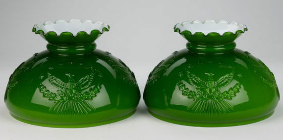 MODERN CASED GLASS FEDERAL EAGLE EMBOSSED KEROSENE LAMP SHADES, PAIR