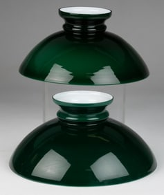 CASED EMERALD GREEN GLASS LAMP SHADES, NEAR PAIR