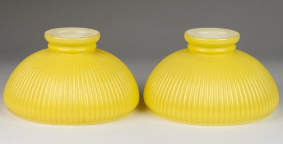 CASED GLASS NARROW RIBBED PATTERNED MODERN KEROSENE LAMP SHADES, PAIR