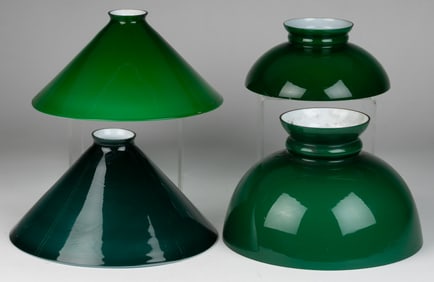 ASSORTED CASED GREEN GLASS KEROSENE LAMP SHADES, LOT OF FOUR