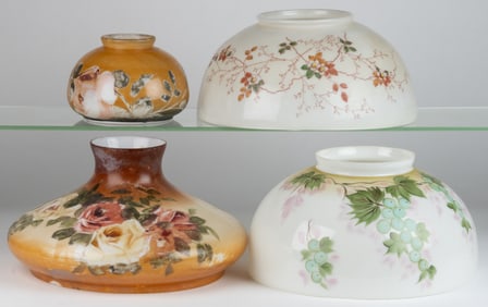 VICTORIAN DECORATED OPAL KEROSENE LAMP SHADES AND RELATED, LOT OF FOUR