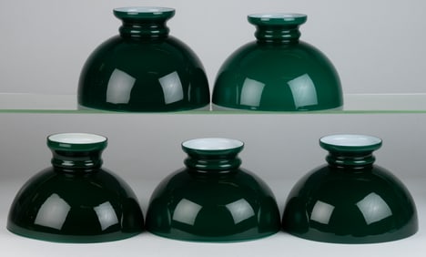 CASED EMERALD GREEN GLASS LAMP SHADES, LOT OF FIVE