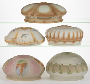 ASSORTED ART-DECO STAINED AND DECORATED GLASS CEILING LIGHT SHADES, LOT OF FIVE