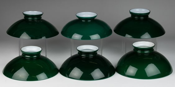 ASSORTED CASED EMERALD GREEN GLASS LAMP SHADES, LOT OF SIX