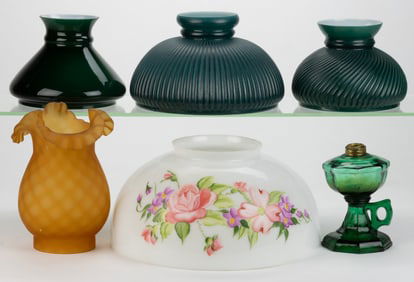 ASSORTED KEROSENE LIGHTING LAMP SHADES AND LAMP, LOT OF SIX