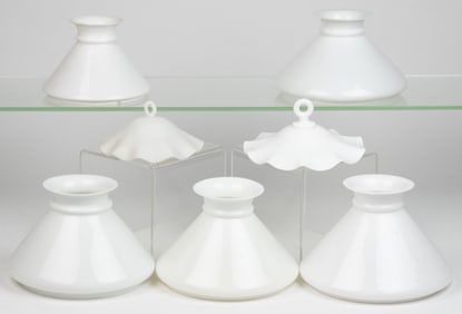 ASSORTED OPAQUE GLASS KEROSENE LAMP SHADES AND SMOKE SHADES, LOT OF SEVEN