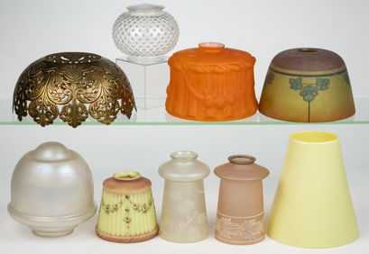ASSORTED GLASS LIGHT SHADES AND RELATED, LOT OF NINE
