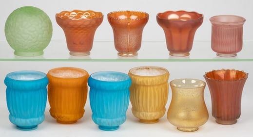 ASSORTED ART GLASS AND OTHER GLASS LIGHT SHADES, LOT OF 11