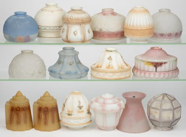 ASSORTED ART-DECO AND OTHER GLASS LIGHT SHADES, LOT OF 15