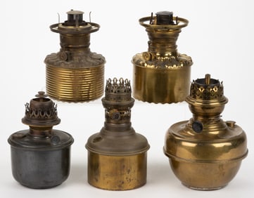 ASSORTED BRASS DROP-IN AND OTHER LAMP FONTS, LOT OF FIVE