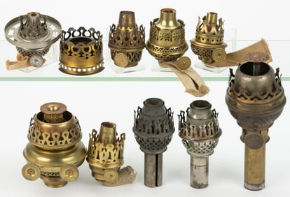 ASSORTED CENTRAL DRAFT KEROSENE LAMP BURNERS AND COMPONENTS, LOT OF TEN