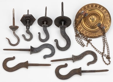 ASSORTED CAST-IRON AND BRASS HANGING LAMP CEILING HOOKS AND RELATED, LOT OF NINE