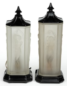 TIFFIN GLASS NO. 16265 FIGURAL DANCING LADIES ELECTRIC TORCHIERE LAMPS, LOT OF TWO
