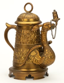 CAST-BRASS FIGURAL TANKARD WITH GRIFFIN / DRAGON TABLE-TOP CIGAR LIGHTER WITH HUMIDOR
