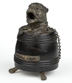 GERMAN KUSCH DICH FIGURAL DOG IN BARREL COUNTER-TOP CIGAR CUTTER