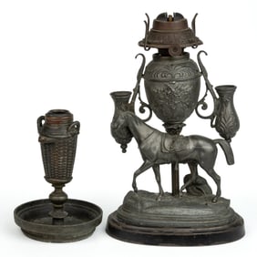 ASSORTED CAST-METAL FIGURAL TABLE-TOP CIGAR LIGHTER / LAMPS, LOT OF TWO