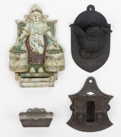 ASSORTED FIGURAL METAL WALL-MOUNT MATCH HOLDERS, LOT OF FOUR