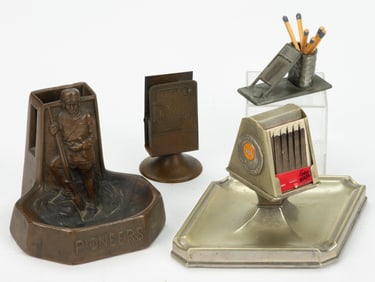 ASSORTED METAL ADVERTISING MATCH HOLDERS, LOT OF FOUR