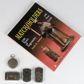 ASSORTED STERLING AND SILVER-PLATED MATCH HOLDERS AND REFERENCE BOOK, LOT OF FIVE