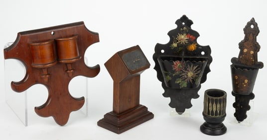 ASSORTED PAPER MACHE AND WOOD MATCH HOLDERS, LOT OF FIVE