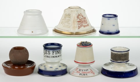 ASSORTED ENGLISH AND FRENCH CERAMIC MATCH HOLDERS, LOT OF SEVEN