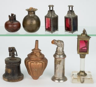 ASSORTED METALS AND WOOD TABLE-TOP CIGAR LIGHTERS, LOT OF EIGHT