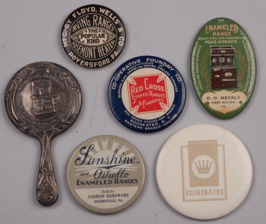 ASSORTED KITCHEN APPLIANCES ADVERTISING POCKET MIRRORS,: ASSORTED KITCHEN APPLIANCES ADVERTISING POCKET MIRRORS, LOT OF SIX, celluloid and one silver-plate, including Princess Novelty Ranges, Buckwalter Stove Co. and Red Cross, two with Pennsylvania retaile