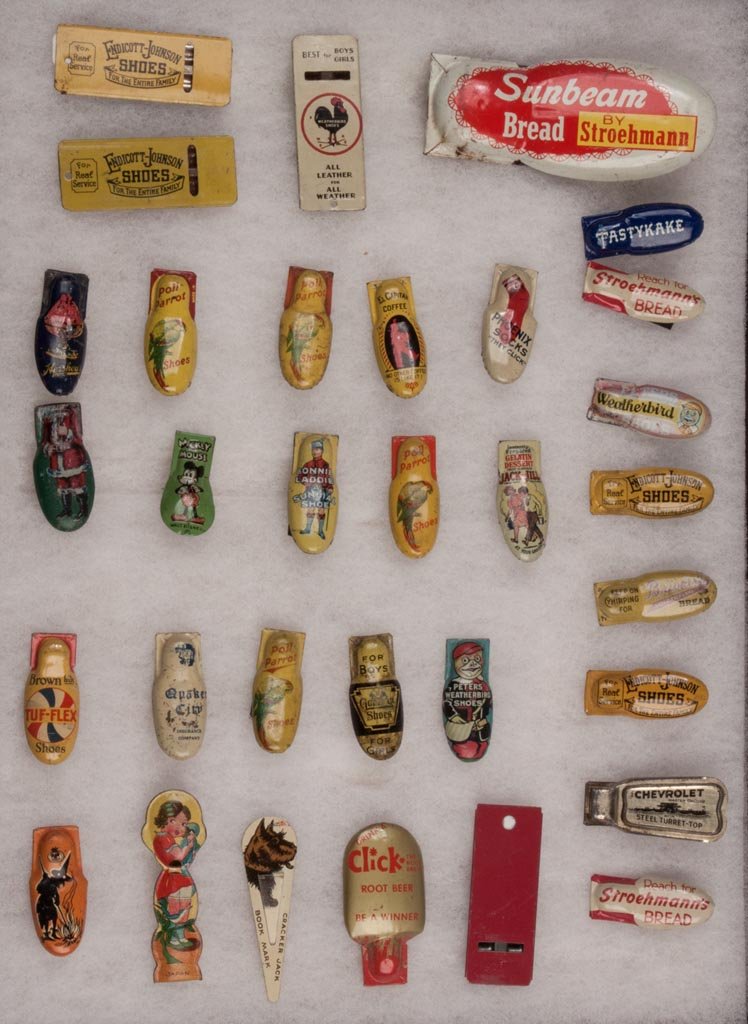 ASSORTED ADVERTISING AND OTHER CLICKERS AND WHISTLES, L: ASSORTED ADVERTISING AND OTHER CLICKERS AND WHISTLES, LOT OF 32, lithographed tin, including Mickey Mouse, Hershey, coffee, various shoes, etc. First half 20th century. 2" to 4" L. Provenance: From th