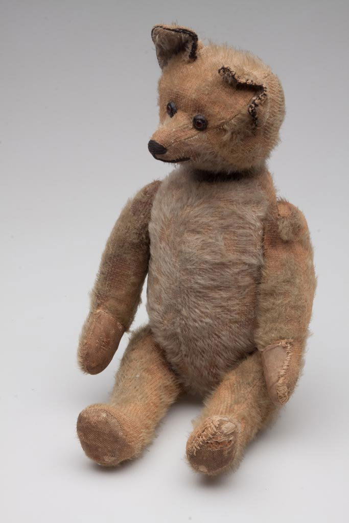SCHUCO YES / NO TEDDY BEAR OR FOX: SCHUCO YES / NO TEDDY BEAR OR FOX, fully jointed, long snout with stitched nose and mouth, original red faceted jewel-like eyes with metal rims. Circa 1920s. 14" H. Provenance: Collection of the late