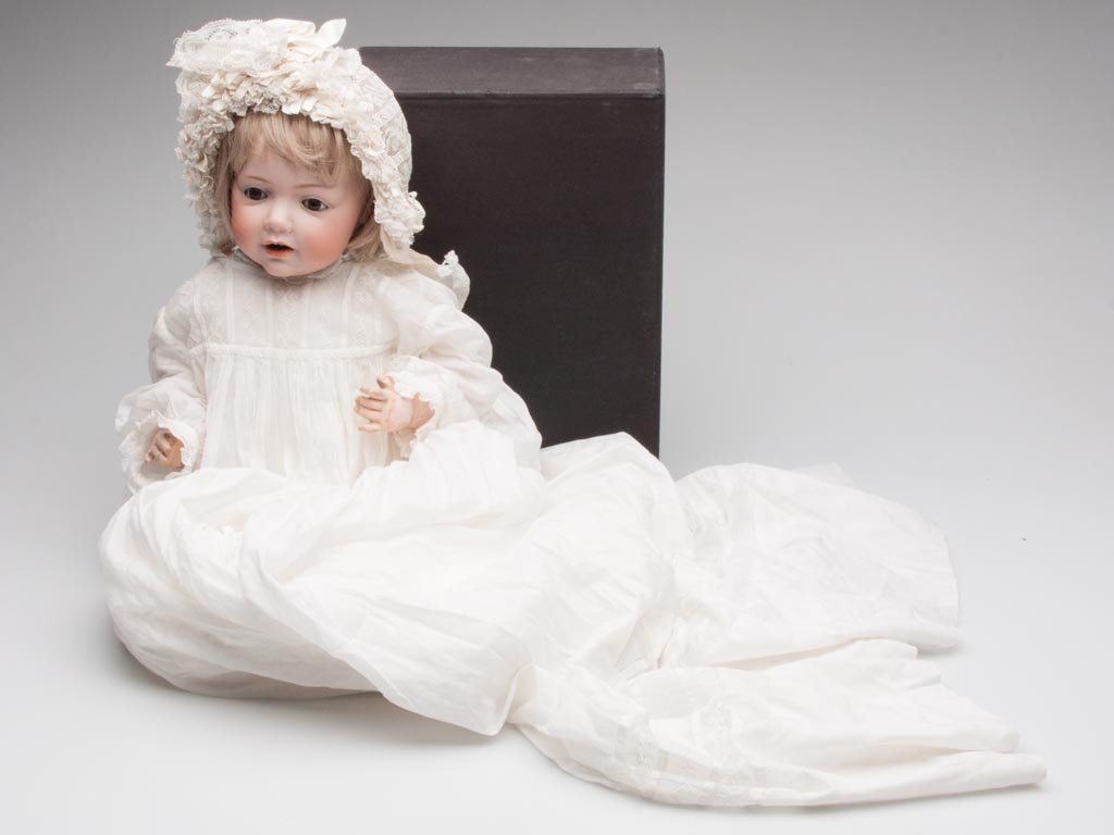 J. D. KESTNER GERMAN BISQUE-HEAD "HILDA" CHARACTER DOLL: J. D. KESTNER GERMAN BISQUE-HEAD "HILDA" CHARACTER DOLL, socket head incised "Made in / Germany / 245 / J.D.K. Jr. / 1914 / Hilda", brown sleeping eyes, painted eyebrows and eyelashes, open mouth with