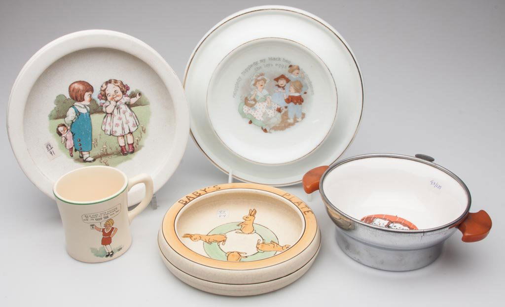 ASSORTED CHILDREN'S DISHES, LOT OF FIVE: ASSORTED CHILDREN'S DISHES, LOT OF FIVE, comprising four ceramic and one milk glass, including Buffalo Pottery, Roseville and Little Orphan Annie. First half 20th century. 3" to 8 1/2" D. Provenance: