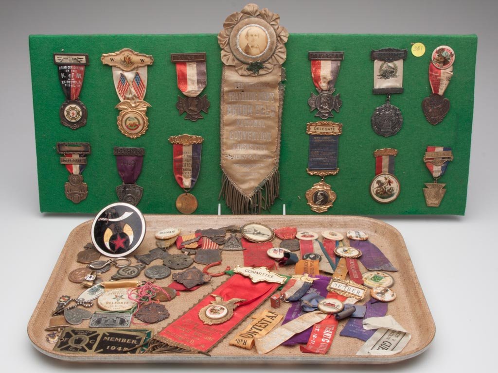 ASSORTED FRATERNAL AND OTHER RIBBONS AND BADGES: ASSORTED FRATERNAL AND OTHER RIBBONS AND BADGES, uncounted lot, including Bryan Club National Convention, 1900, fireman's associations, Moose Lodge No. 330, Richmond, VA, Luray and other Virginia asso