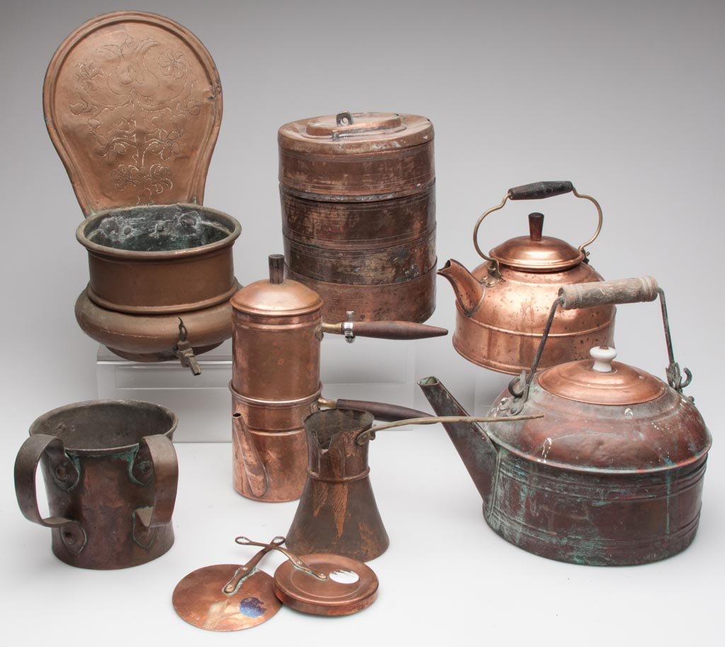 ASSORTED COPPER ARTICLES, LOT OF NINE: ASSORTED COPPER ARTICLES, LOT OF NINE, including a French coffee pot and two-handle cup. 19th and 20th century. Cup 5" H. Provenance: Property of a New England family.