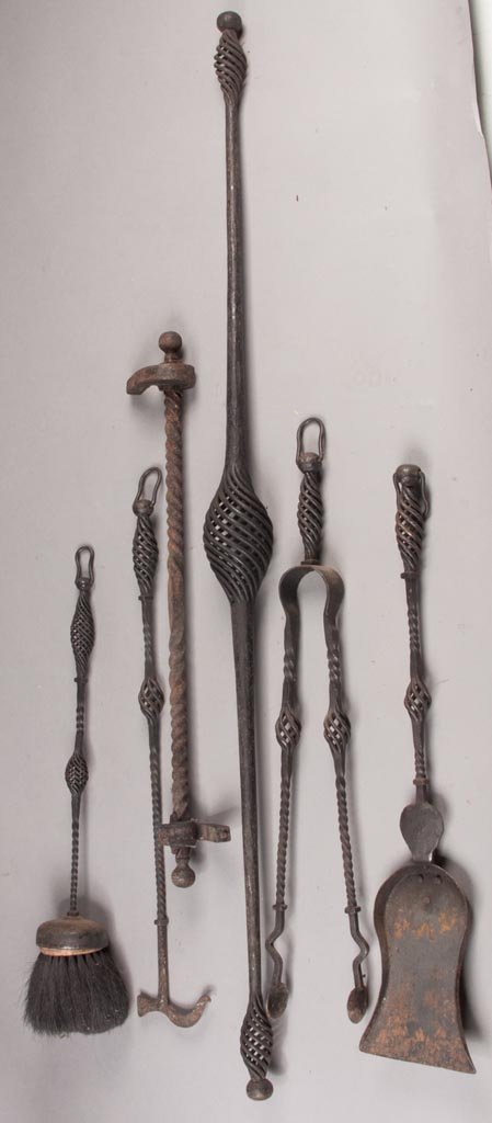 AMERICAN ARTS AND CRAFTS FIREPLACE IMPLEMENTS, LOT OF S: AMERICAN ARTS AND CRAFTS FIREPLACE IMPLEMENTS, LOT OF SEVEN, including a set of four tools with open spiral-twist handles. First half 20th century. 24" to 52" L. Provenance: Property of a New England 