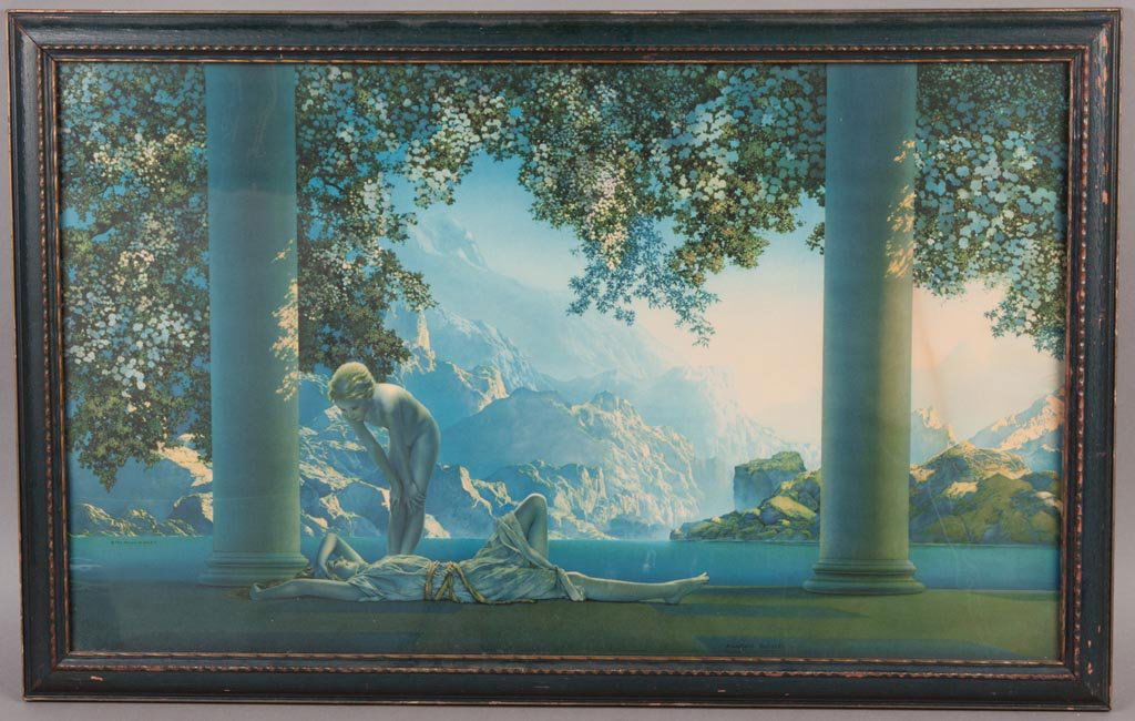 MAXFIELD PARRISH "DAYBREAK" LARGE FOLIO PRINT: MAXFIELD PARRISH "DAYBREAK" LARGE FOLIO PRINT, House of Art publication imprint, period frame, likely original. First half 20th century. 20 1/2" x 32 1/2" OA. Provenance: The collection of the late Ri