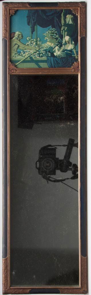 MAXFIELD PARRISH "CLEOPATRA" PRINT WITH MIRROR: MAXFIELD PARRISH "CLEOPATRA" PRINT WITH MIRROR, C. A. Crane publication imprint, original frame and backing paper bearing a Jordan-Marsh label. First quarter 20th century. 30 1/2" x 8 1/2" OA. Provena