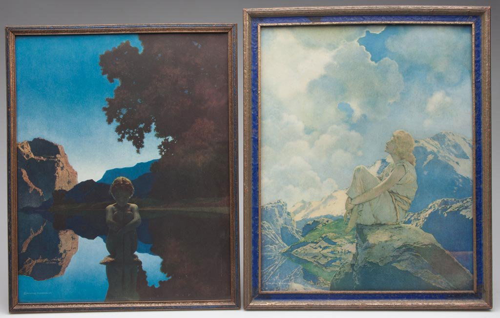MAXFIELD PARRISH PRINTS, LOT OF TWO: MAXFIELD PARRISH PRINTS, LOT OF TWO, comprising "Evening" and "Morning", each with Reinthal & Newman publication imprint, each in a period frame. First half 20th century. 16" x 11 1/2" and 16 1/2" x 1