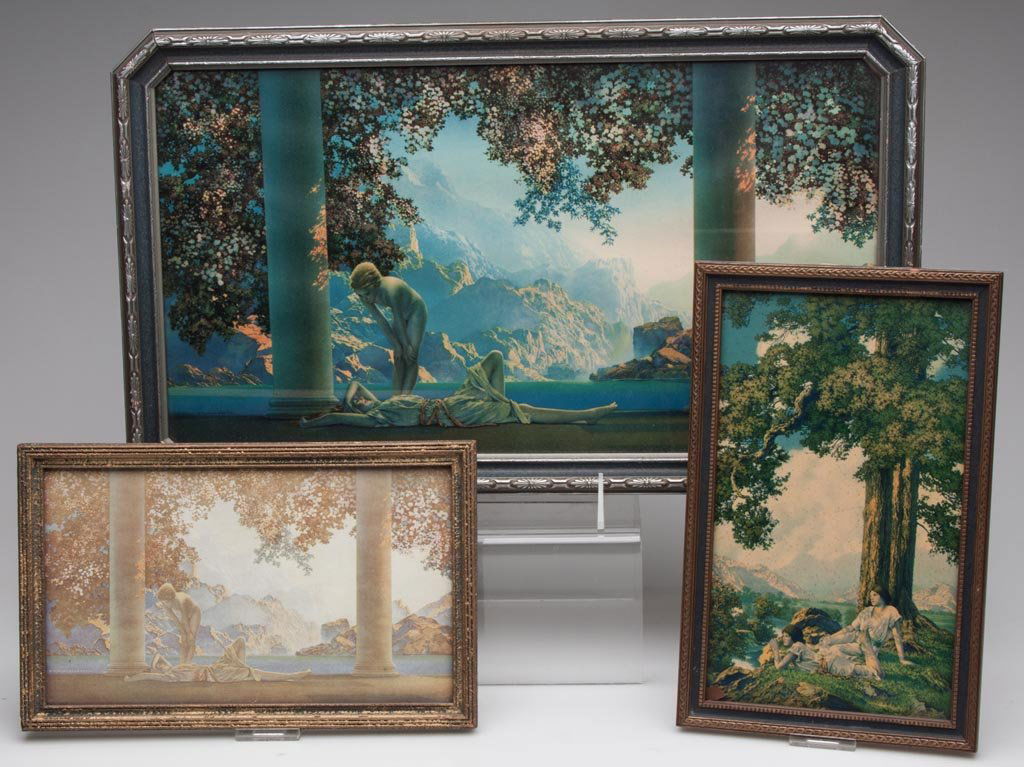 MAXFIELD PARRISH PRINTS, LOT OF THREE: MAXFIELD PARRISH PRINTS, LOT OF THREE, comprising two "Daybreak" and a "Hilltop", each in original frame, small Daybreak with original backing paper and label. First half 20th century. 6 3/4" x 10 3/4