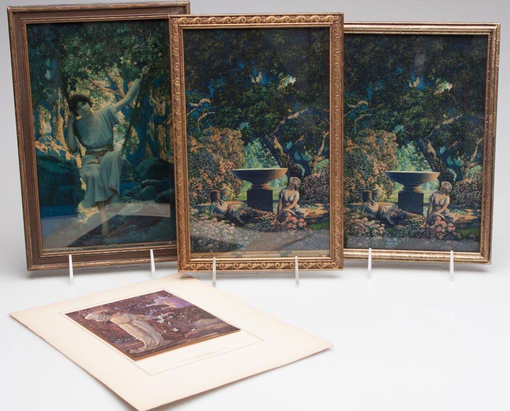 MAXFIELD PARRISH PRINTS, LOT OF FOUR: MAXFIELD PARRISH PRINTS, LOT OF FOUR, comprising three framed calendar tops and an unframed "The Seven Pools of Cintra" tipped on paper, period frames. First half 20th century. 11" x 7 1/2" to 12" x 8