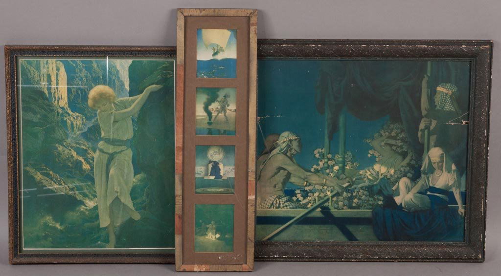 MAXFIELD PARRISH PRINTS, LOT OF THREE: MAXFIELD PARRISH PRINTS, LOT OF THREE, including one with four small prints framed together. First half 20th century. Largest 17" x 18 1/2" OA. Provenance: The collection of the late Richard "Dick" an