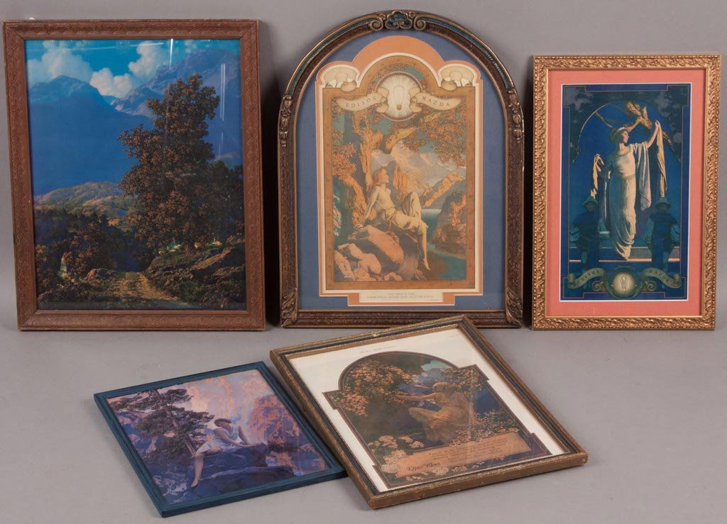 MAXFIELD PARRISH PRINTS, LOT OF FIVE: MAXFIELD PARRISH PRINTS, LOT OF FIVE, including two magazine ads in period frames, the remainder appear to be reprints. 20th century. Largest 17" x 13 1/2" OA. Provenance: The collection of the late R