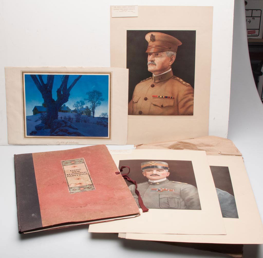 ASSORTED PRINTS, LOT OF 13: ASSORTED PRINTS, LOT OF 13, comprising a folio titled "Eight New Remington Paintings", a set of "The Four Famous Generals" of World War I, and Maxfield Parrish "Lights of Welcome" tipped on paper. Fir